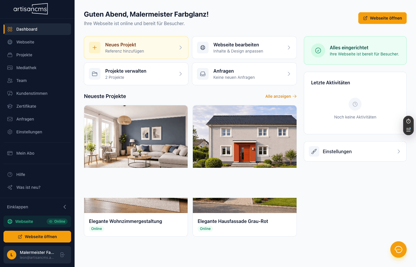 ArtisanCMS Dashboard - Projekte, Leistungen und Einstellungen verwalten