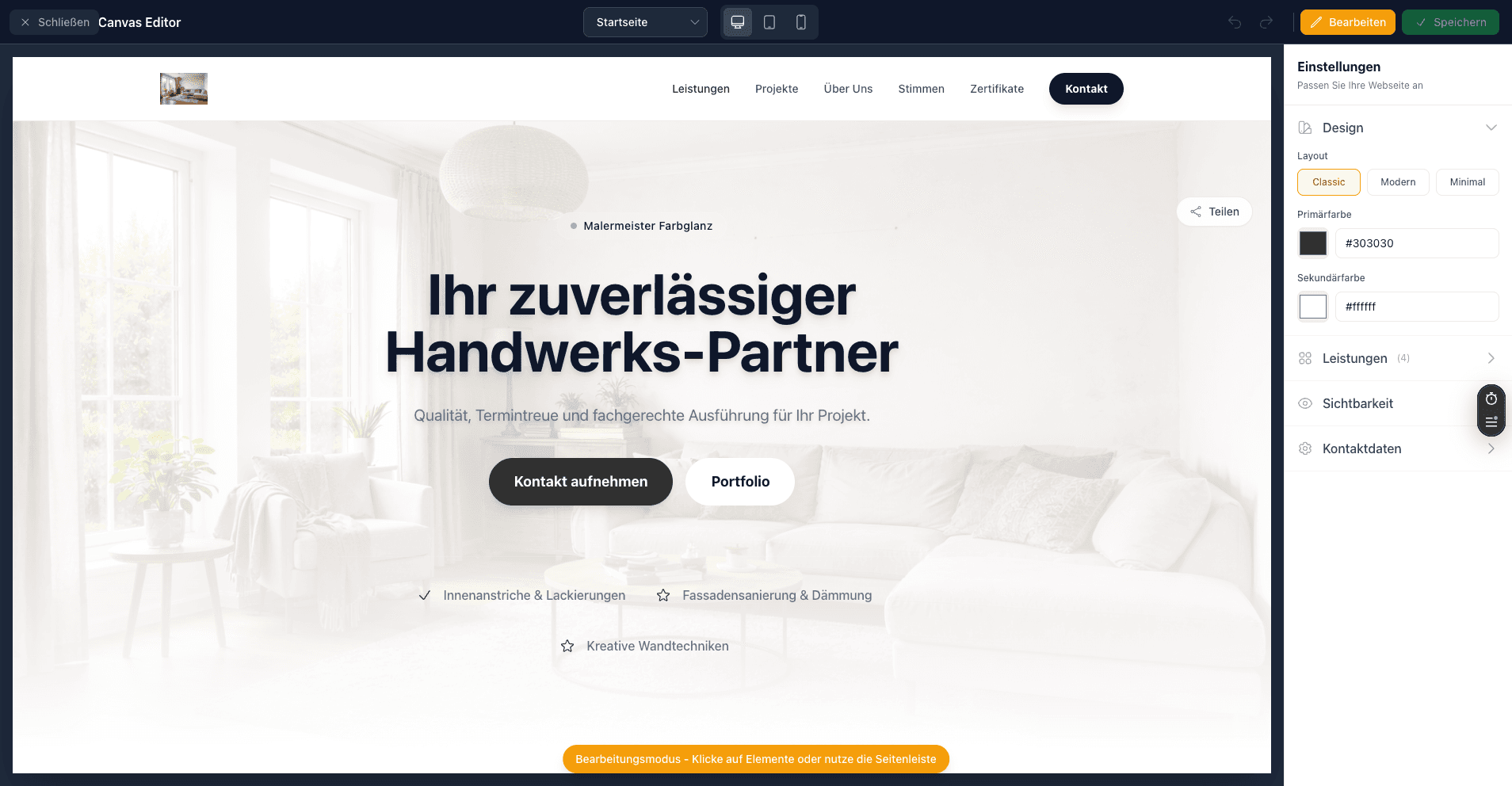 ArtisanCMS Canvas Editor - Webseite visuell bearbeiten