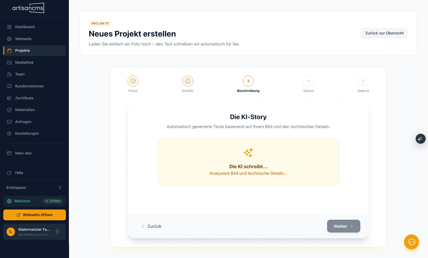 ArtisanCMS KI-Texterstellung: aus einem Foto wird automatisch ein professioneller Text