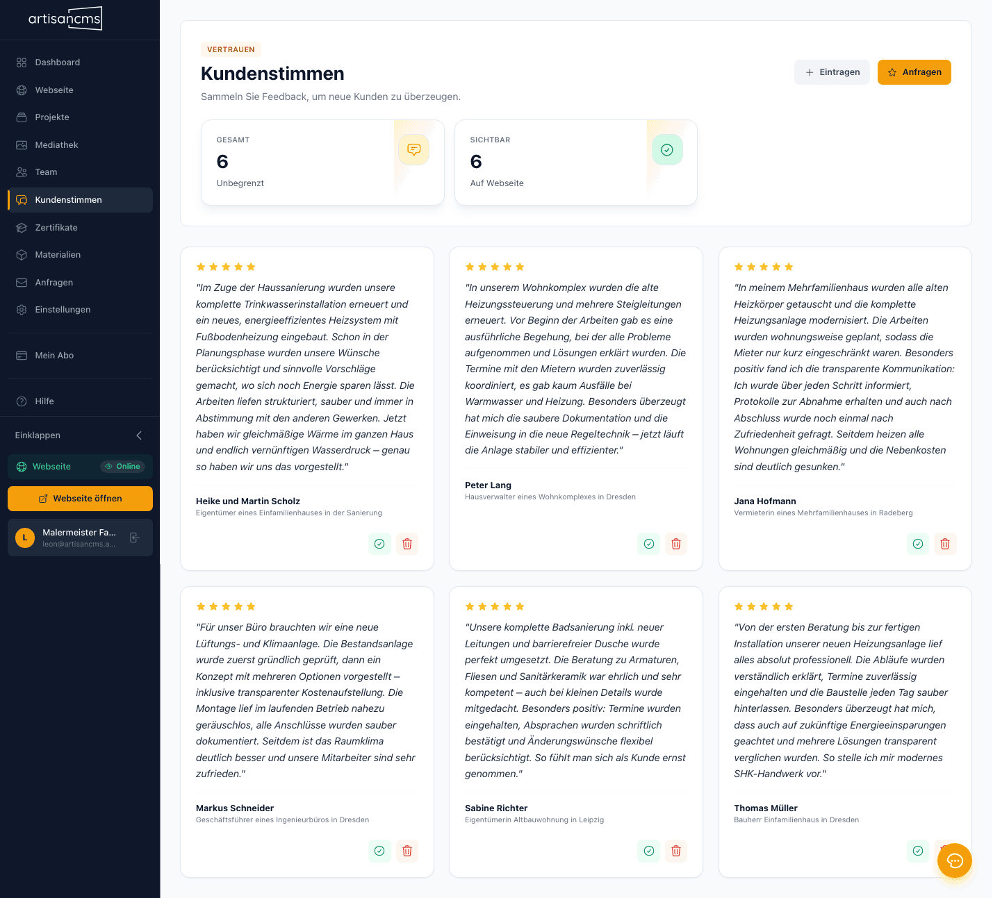 Screenshot: Bewertungsmanagement