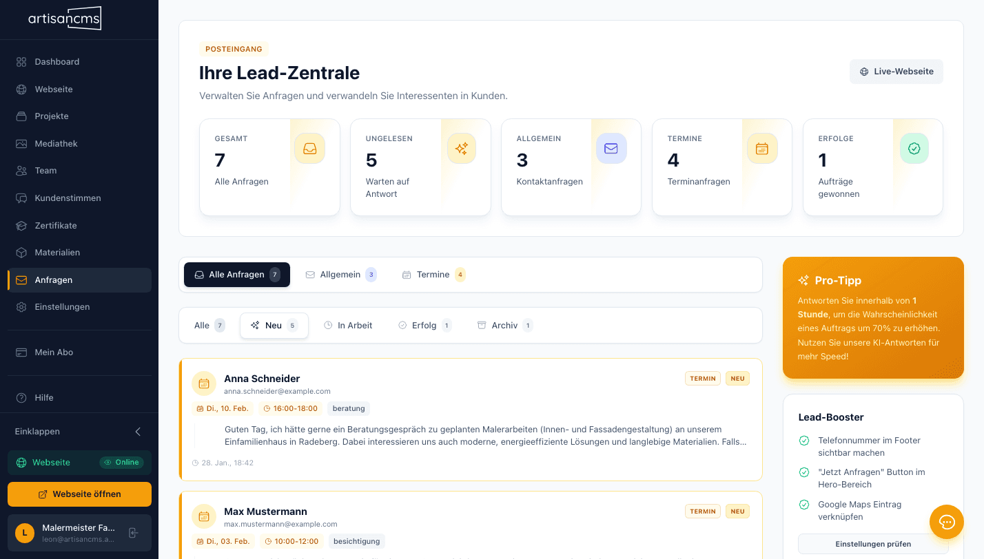 ArtisanCMS Kunden-Dashboard: Bewertungen, Statistik und DSGVO