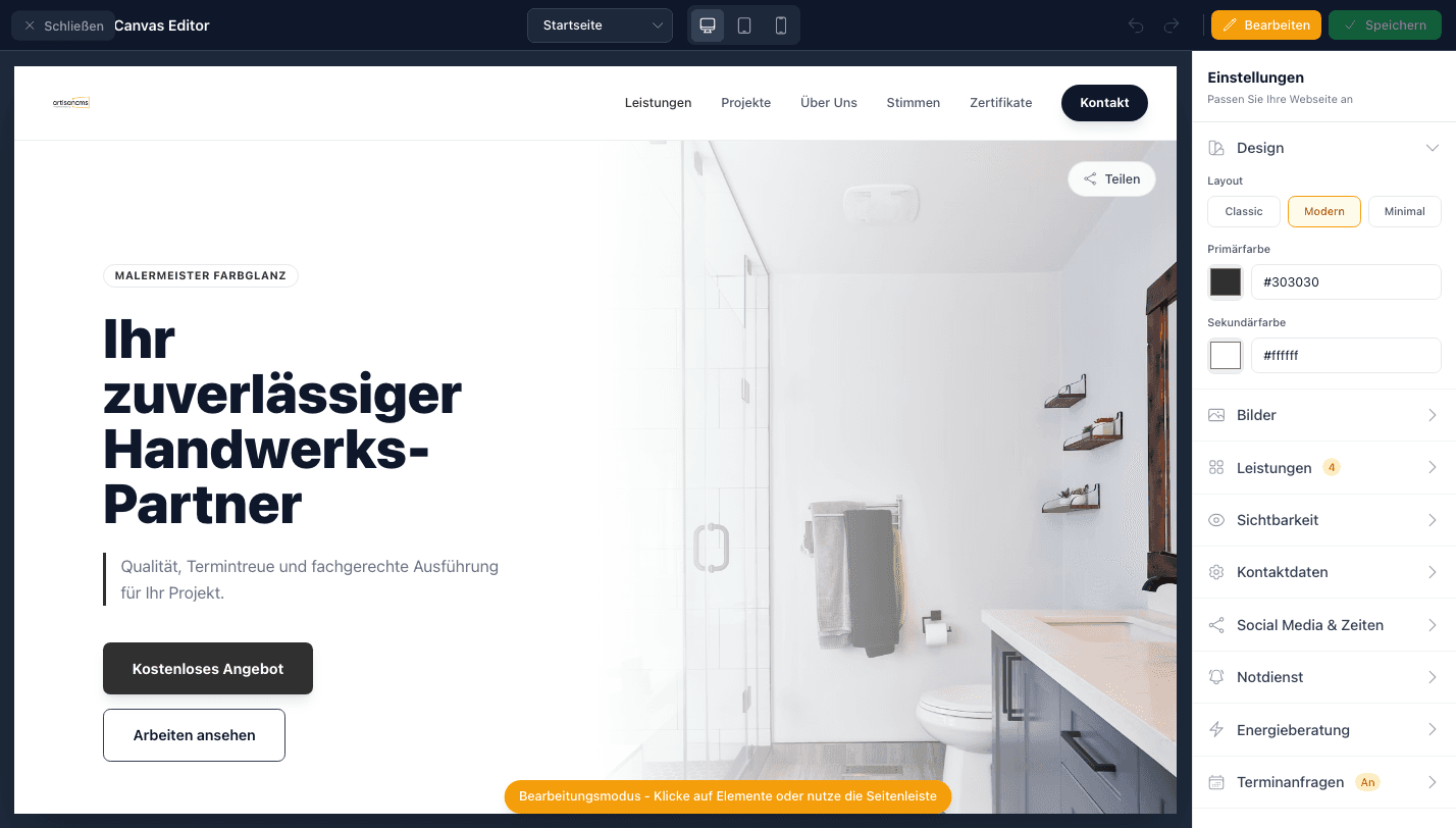 ArtisanCMS Website-Builder: professionelle Designs für Handwerker