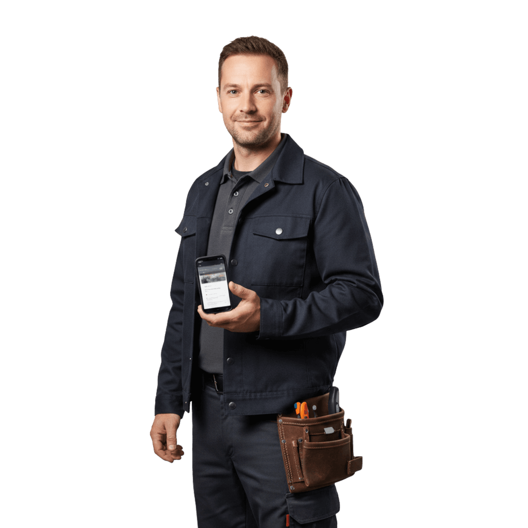 Handwerker mit Smartphone — Ihre Webseite immer dabei